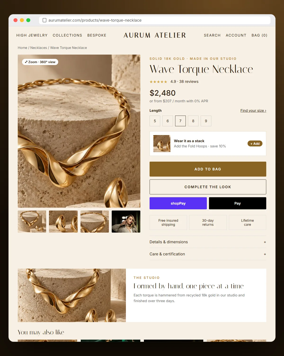Aurum Atelier product page for a gold necklace