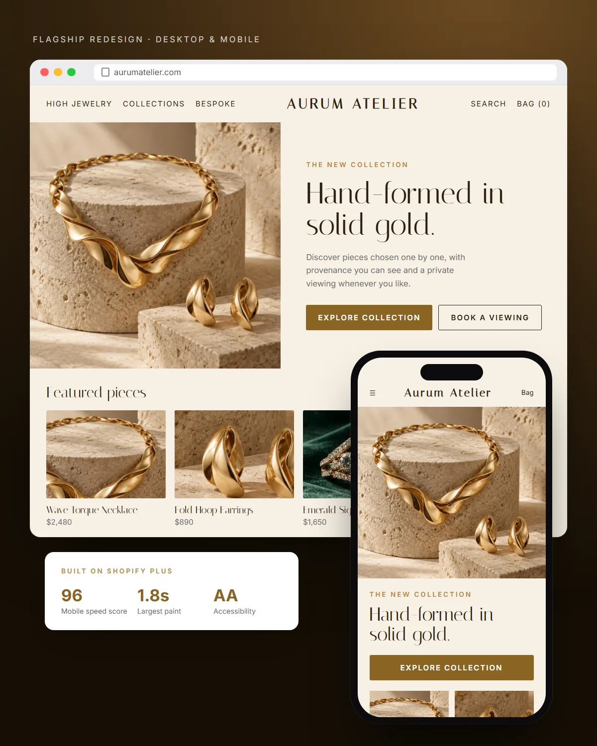 Aurum Atelier redesigned website shown on a desktop browser and a phone