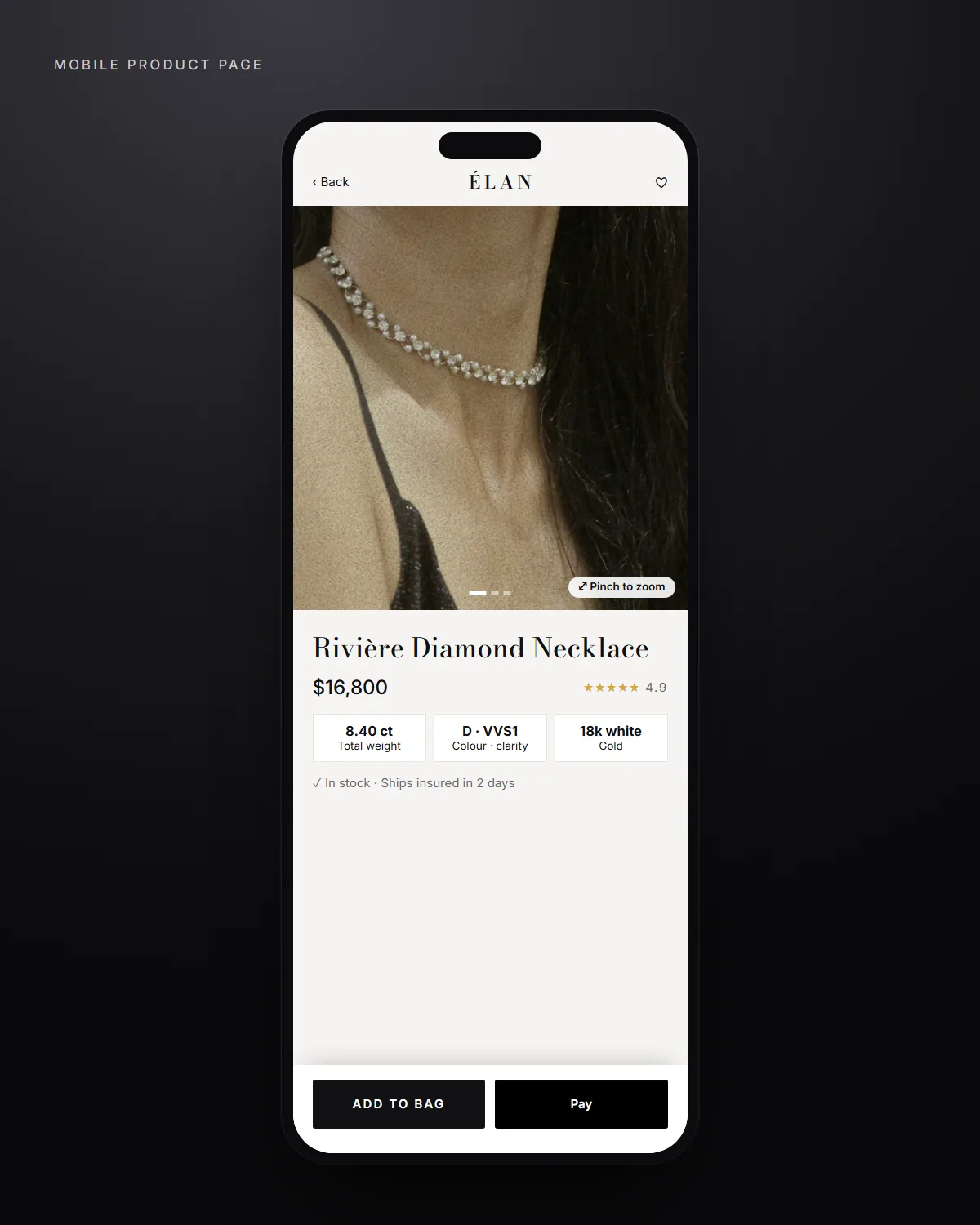 Élan Joaillerie mobile product page for a diamond rivière necklace