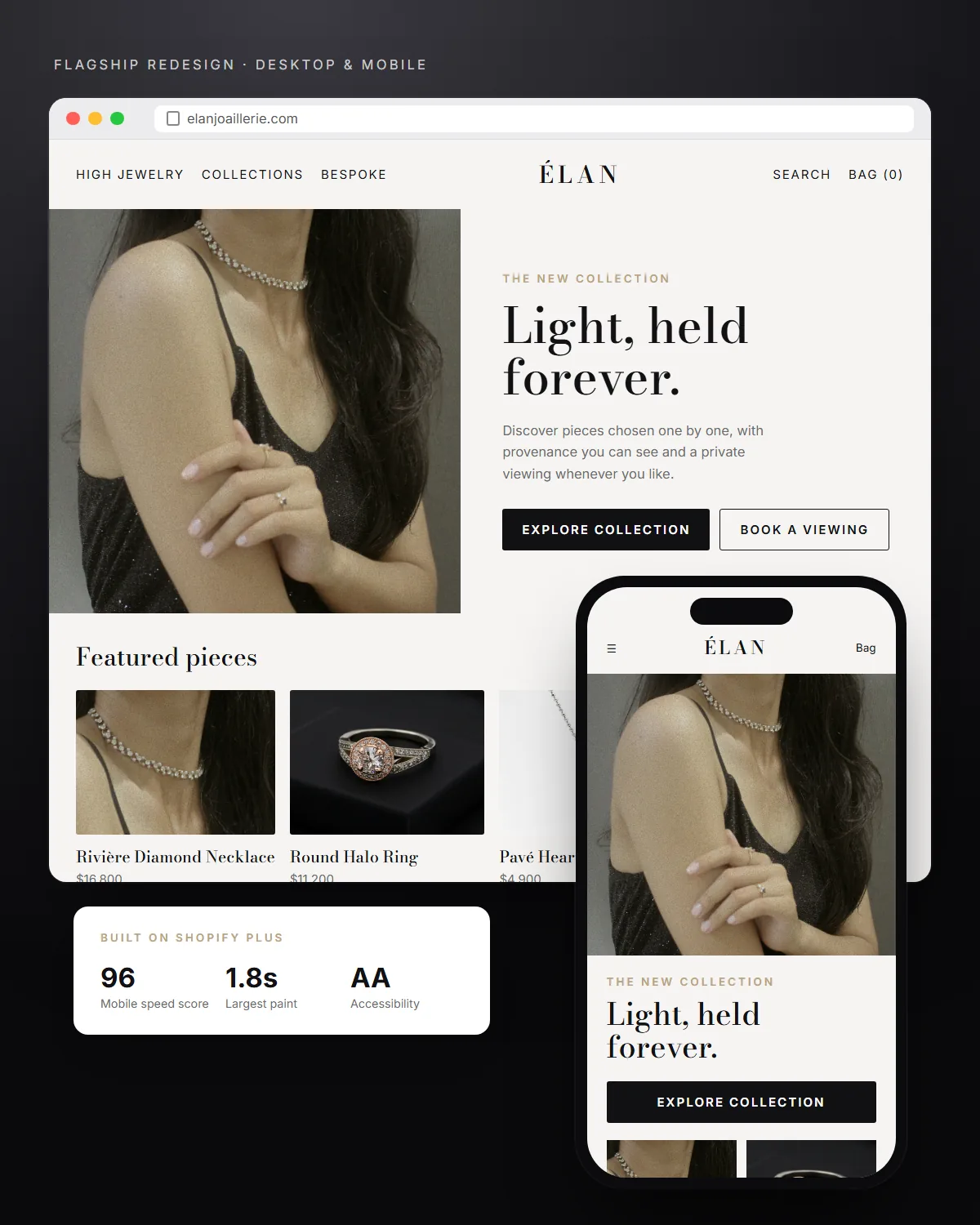 Élan Joaillerie redesigned website shown on a desktop browser and a phone