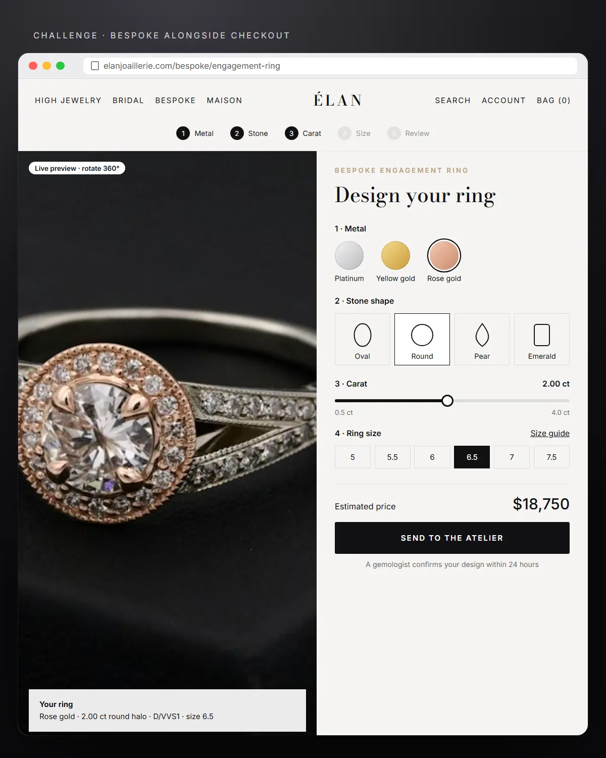 Bespoke engagement ring configurator previewing a rose gold round halo ring, with metal, stone shape, carat and size steps