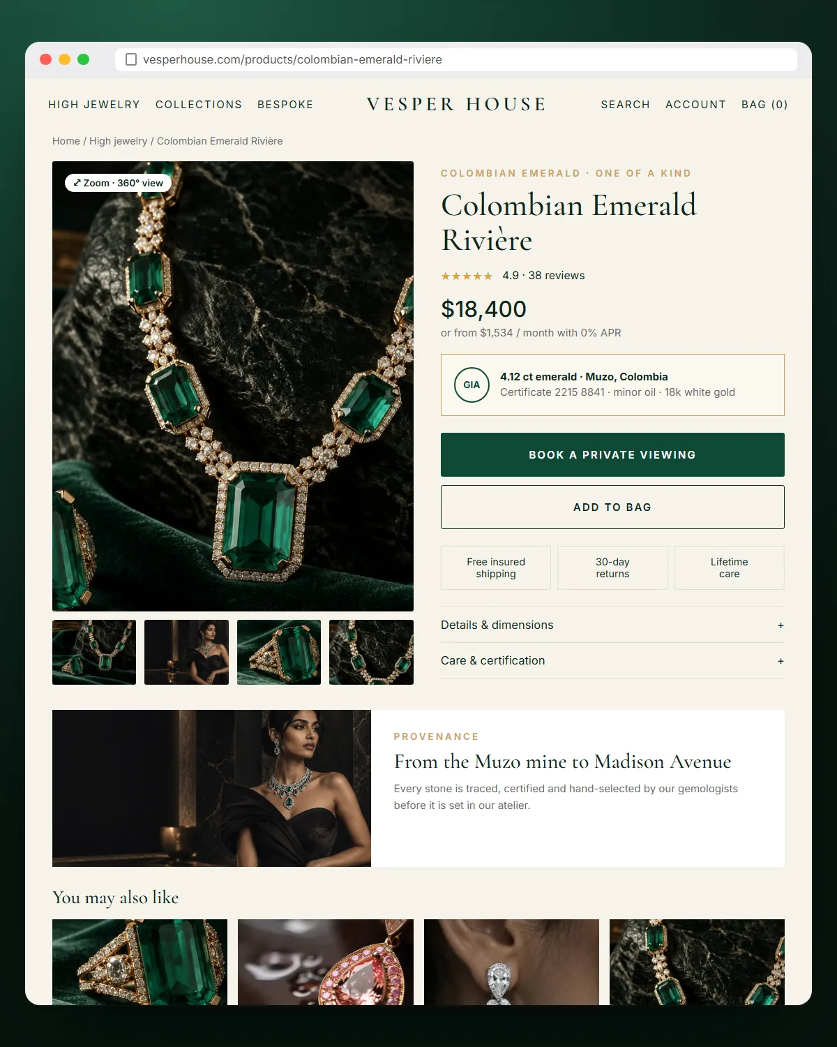 Vesper House product page for a Colombian emerald necklace