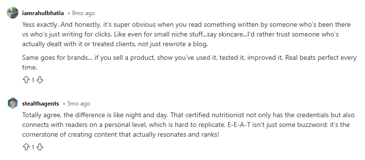  A Reddit user highlighting the importance of aligning Content with the E-E-A-T principle